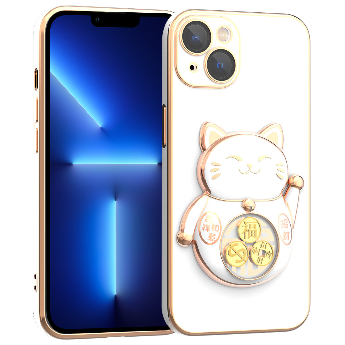 For iPhone 13 6.1 inch Electroplating Phone Case Lucky Fortune Cat Kickstand TPU PC Shockproof Cover with Camera Lens Protector For iPhone 13 6.1 inch Electroplating Phone Case Lucky Fortune Cat Kickstand TPU PC Shockproof Cover with Camera Lens Protector
